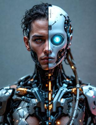 The primary subject of the image is a man with a robotic face. The man's face is split into two distinct sections, one representing a human face and the other representing a robotic face. The setting is a dark room, and the visual style appears to be a digital art or illustration. The colors and mood of the image are predominantly dark, with a hint of blue and green.